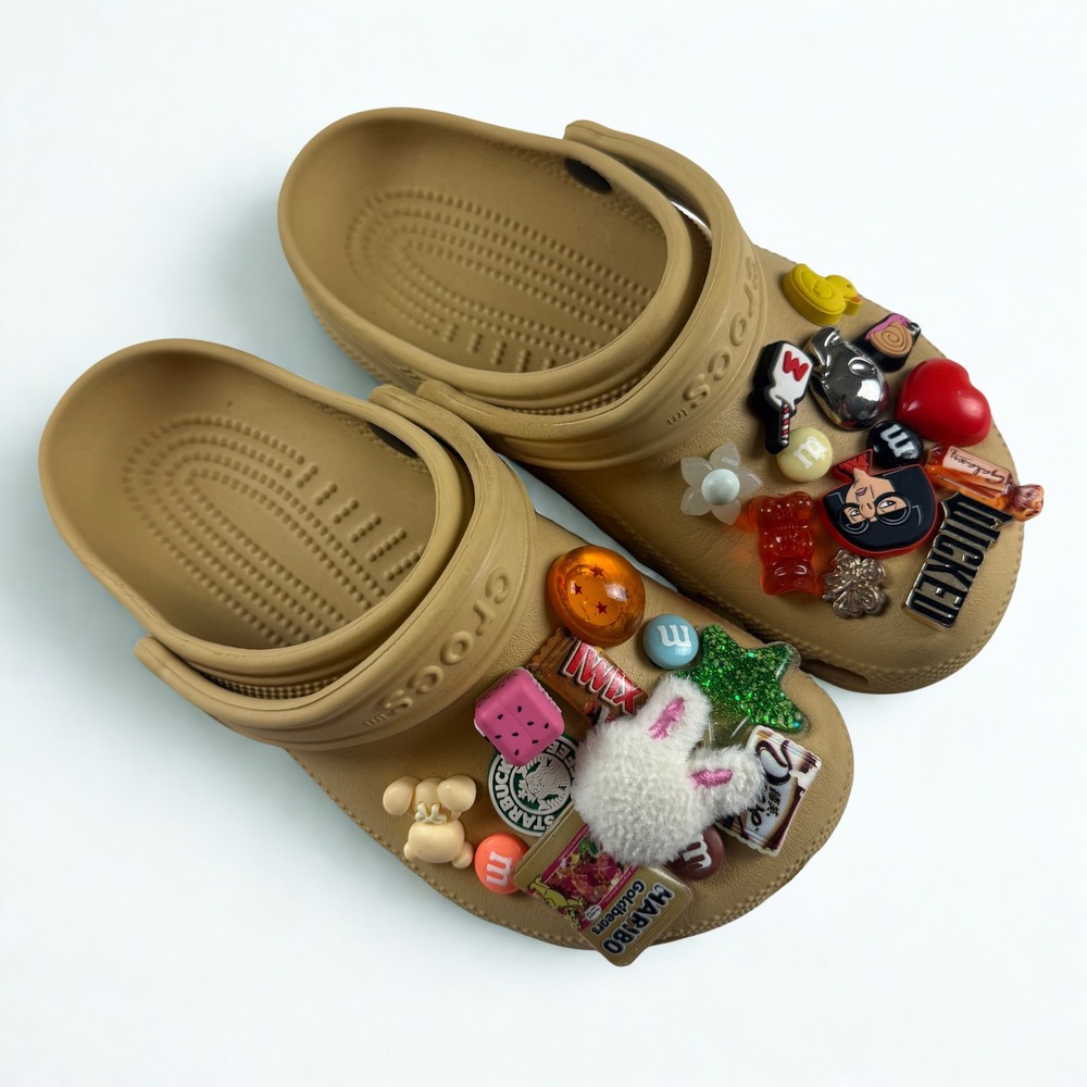 Crocs Classic Clogs Womens 6 Mens 4 Tan Candy Wicked Bobs Burgers Charms Jibbitz